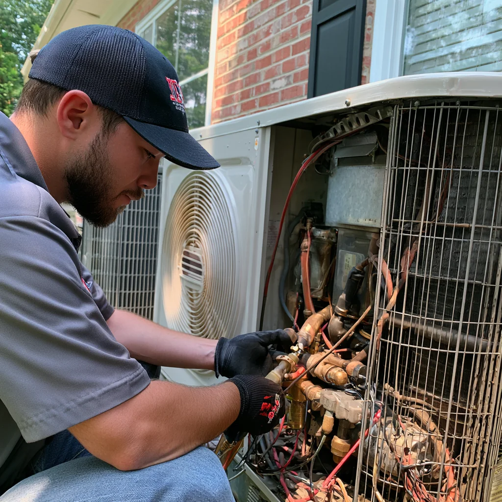 HVAC technician servicing components inside a residential condenser