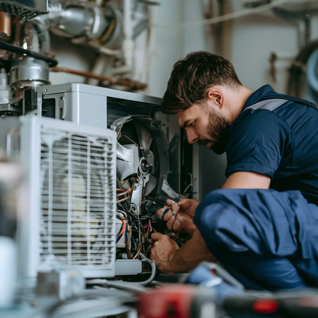 HVAC technician repairing wiring inside indoor air handling equipment