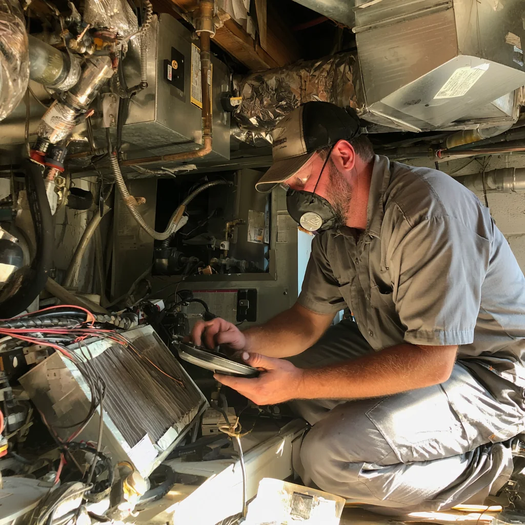 HVAC technician inspecting indoor heating and cooling equipment