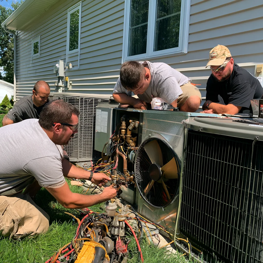 HVAC service team working together on residential outdoor equipment