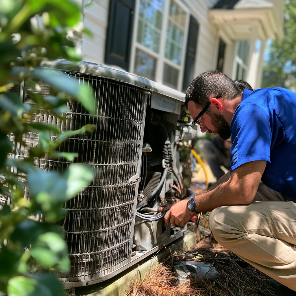 HVAC technician working beside an exposed outdoor condenser coil
