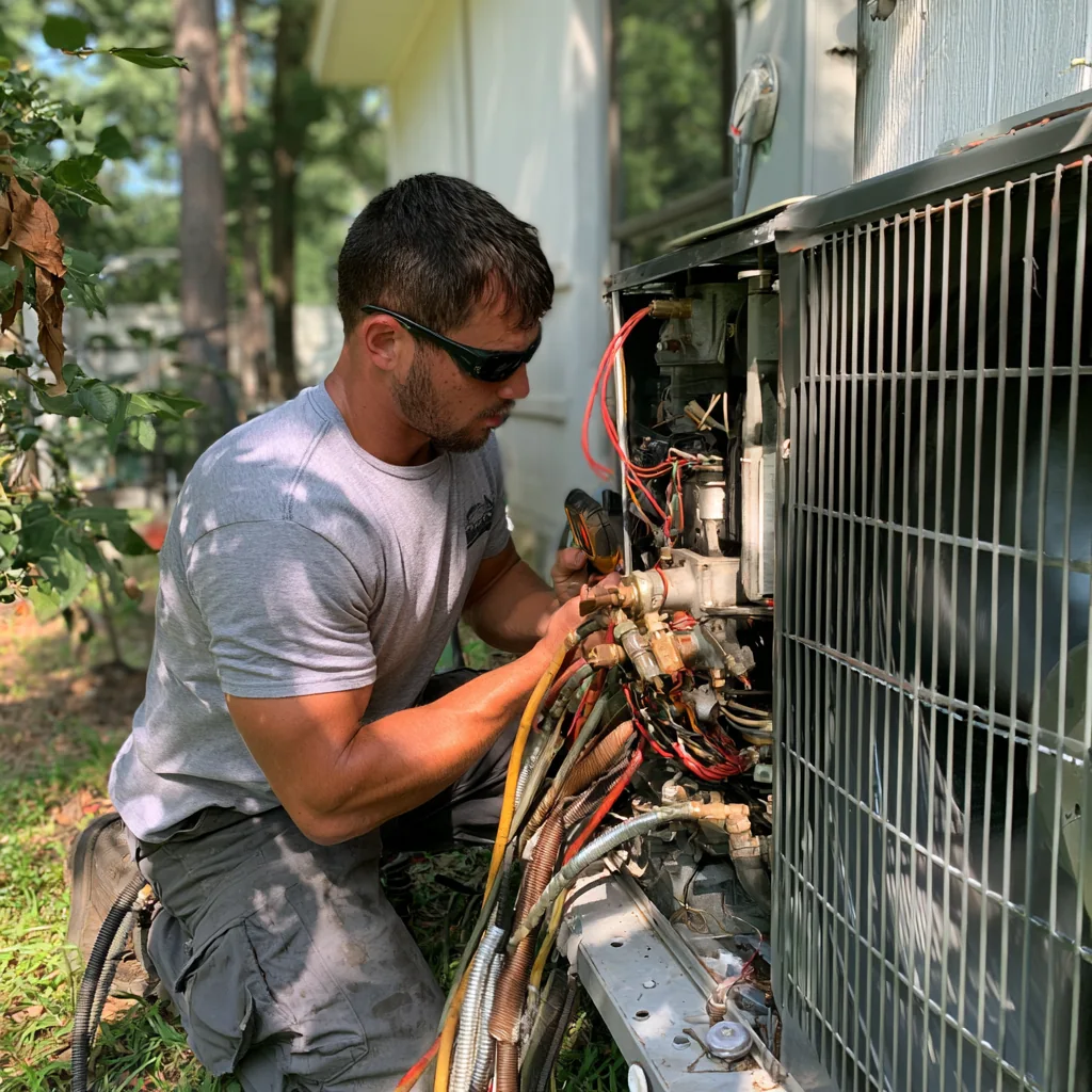 HVAC technician connecting diagnostic gauges to an outdoor air conditioning system