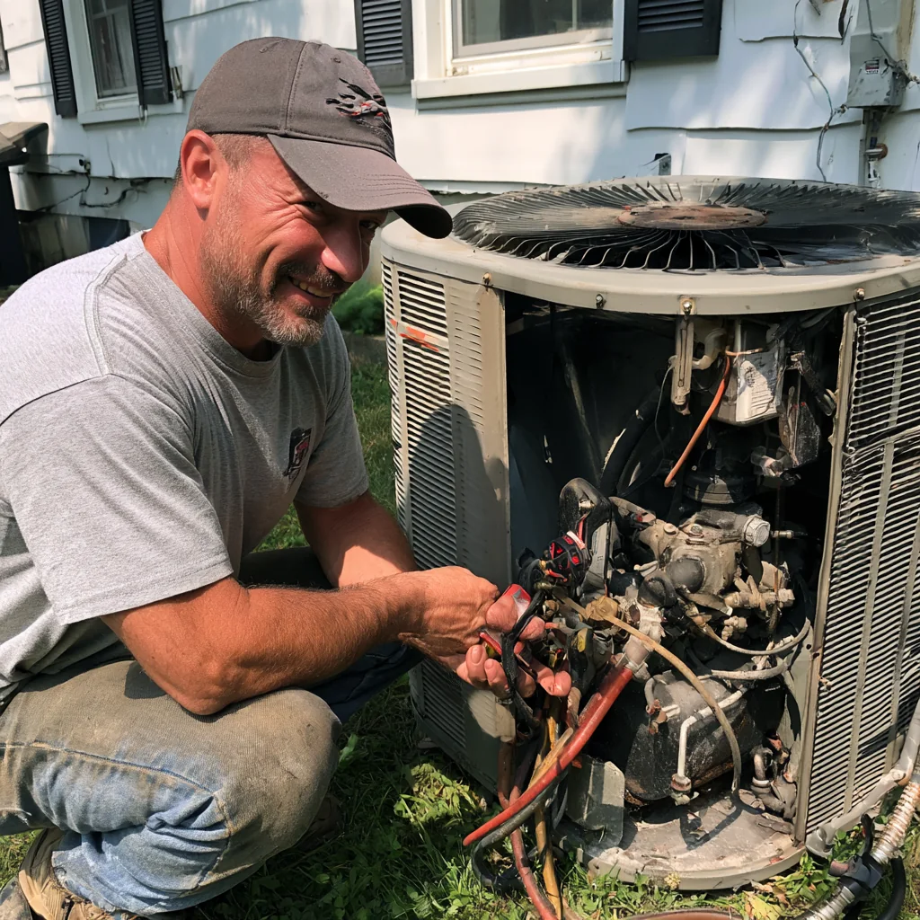 HVAC technician checking components inside a residential air conditioning condenser