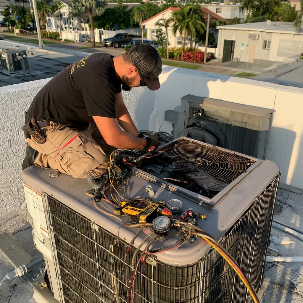 HVAC technician servicing rooftop cooling equipment