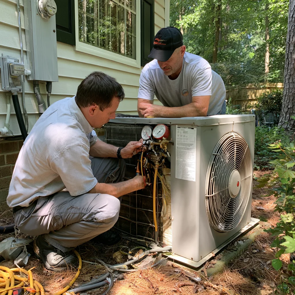 Two HVAC technicians servicing a residential outdoor air conditioning system