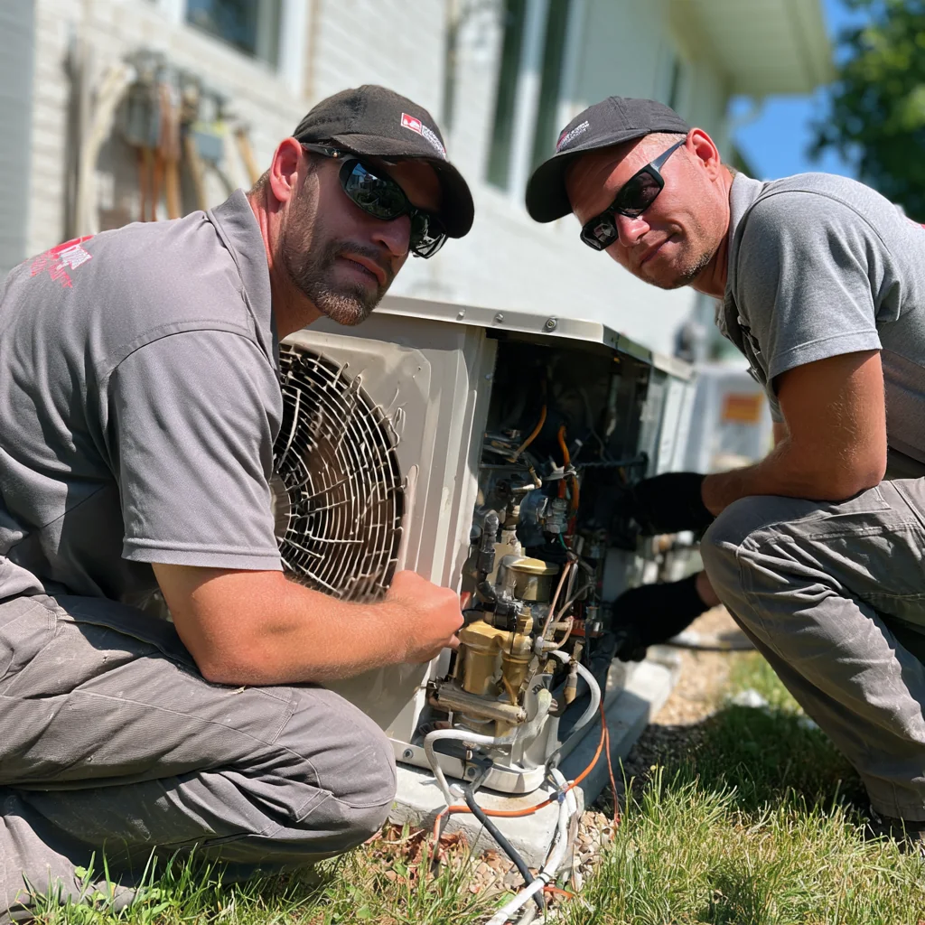 Two HVAC technicians inspecting an outdoor condenser